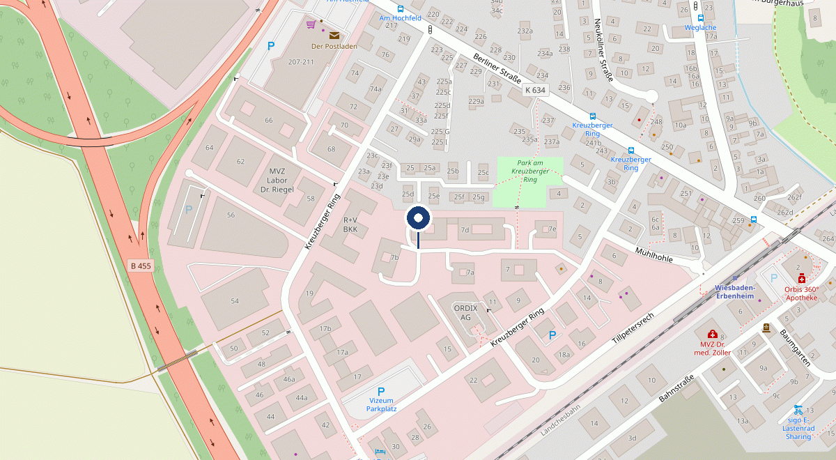 Kartenausschnitt Wiesbaden-Erbenheim: der Kreuzberger Ring zweigt von der Berliner Straße ab, die Marke steht auf dem Gebäude Kreuzberger Ring 7c.